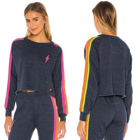 Aviator Nation Bolt Embroidery Cropped Crew Sweatshirt Heather Navy Neon Stripe - Picture 2 of 11